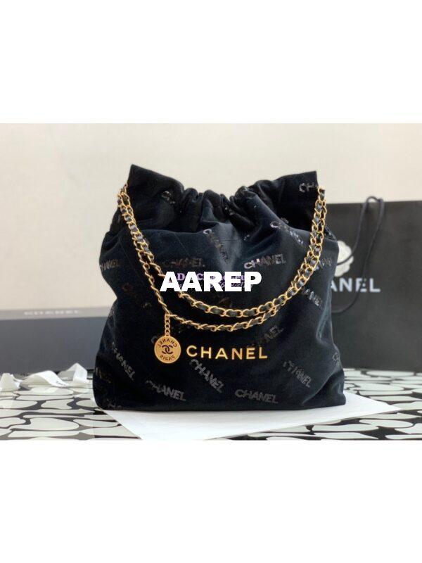 Replica Chanel 22 Large Handbag Velvet, Sequins & Gold-Tone Metal AS3262 Black 3