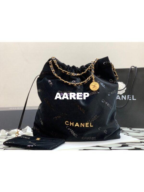 Replica Chanel 22 Large Handbag Velvet, Sequins & Gold-Tone Metal AS3262 Black 4