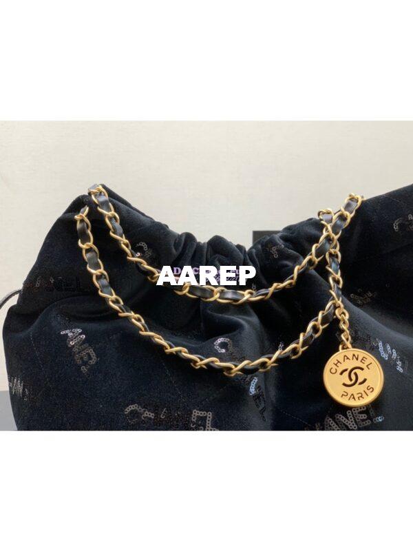 Replica Chanel 22 Large Handbag Velvet, Sequins & Gold-Tone Metal AS3262 Black 5