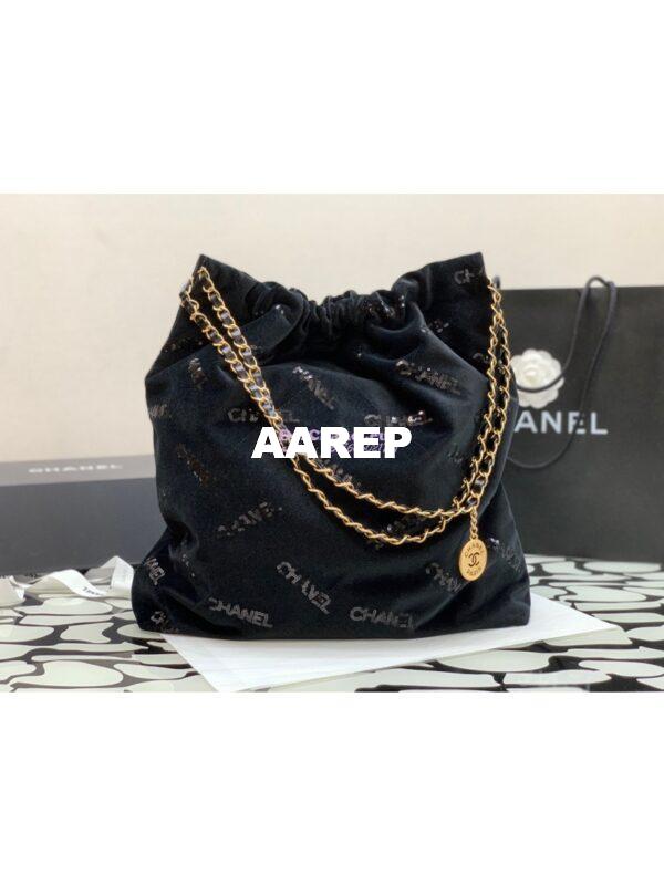 Replica Chanel 22 Large Handbag Velvet, Sequins & Gold-Tone Metal AS3262 Black 9