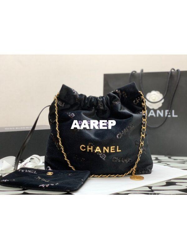 Replica Chanel 22 Handbag Velvet, Sequins with Gold Metal AS3260 AS3261 Black 3