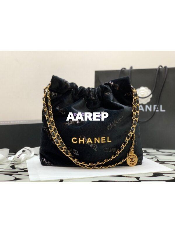 Replica Chanel 22 Handbag Velvet, Sequins with Gold Metal AS3260 AS3261 Black 4