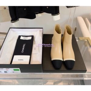 Replica Chanel Pearl Embroidered Lambskin Ankle Boots Grossgrain Cap Toe G35403 Beige