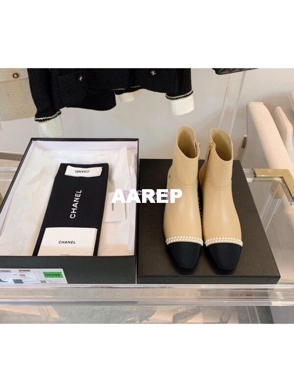 Replica Chanel Pearl Embroidered Lambskin Ankle Boots Grossgrain Cap Toe G35403 Beige 3