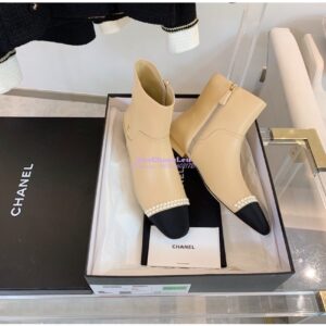 Replica Chanel Pearl Embroidered Lambskin Ankle Boots Grossgrain Cap Toe G35403 Beige 2