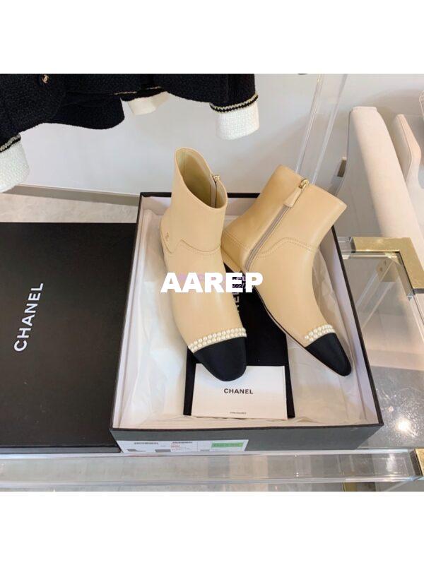 Replica Chanel Pearl Embroidered Lambskin Ankle Boots Grossgrain Cap Toe G35403 Beige 4