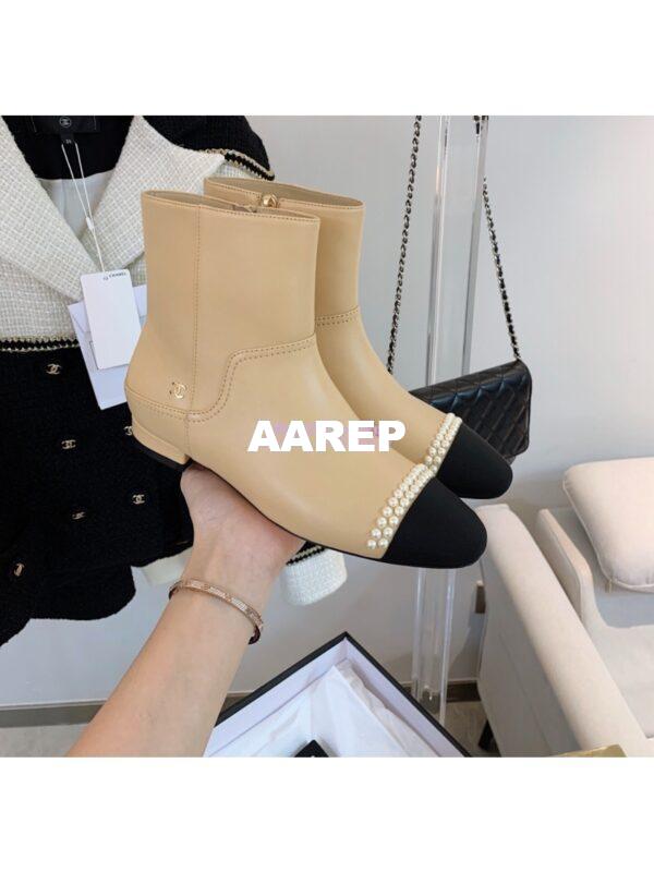 Replica Chanel Pearl Embroidered Lambskin Ankle Boots Grossgrain Cap Toe G35403 Beige 5