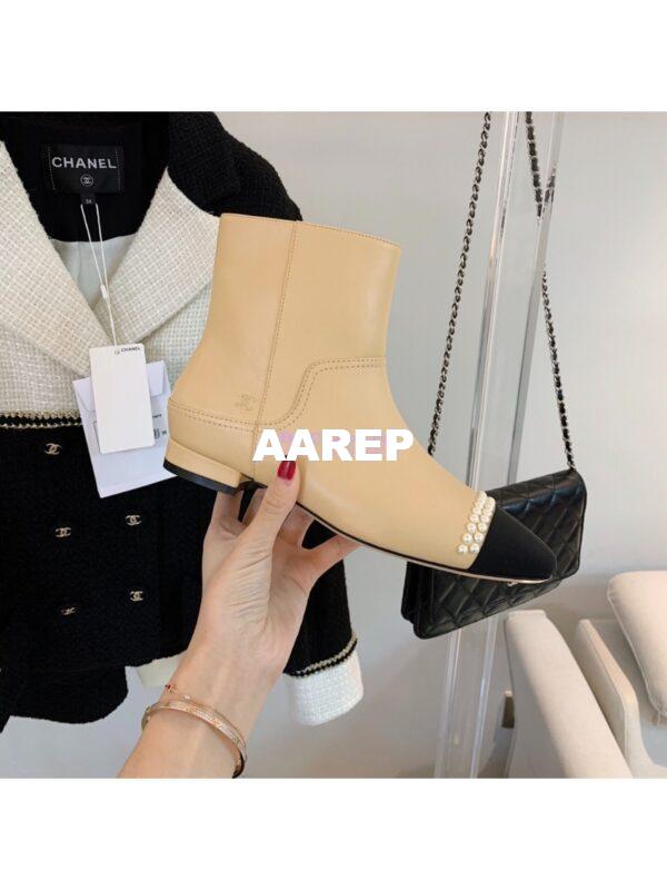 Replica Chanel Pearl Embroidered Lambskin Ankle Boots Grossgrain Cap Toe G35403 Beige 7