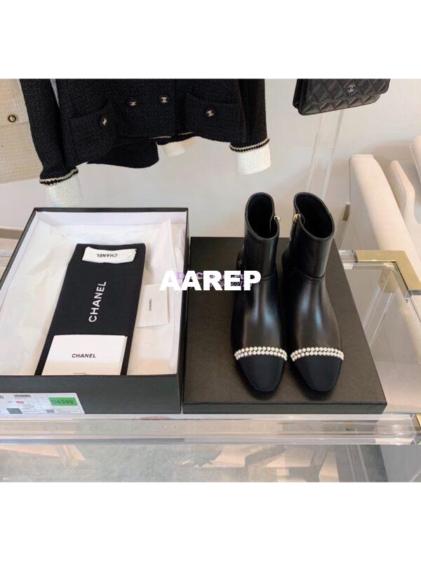 Replica Chanel Pearl Embroidered Lambskin Ankle Boots Grossgrain Cap Toe G35403 Black 4