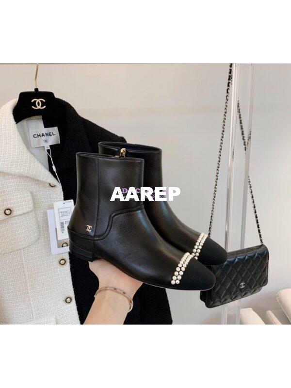 Replica Chanel Pearl Embroidered Lambskin Ankle Boots Grossgrain Cap Toe G35403 Black 6