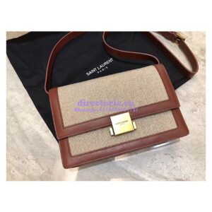 Replica YSL Saint Laurent Medium Bellechasse Satchel In Beige Linen Canvas And Cognac Leather