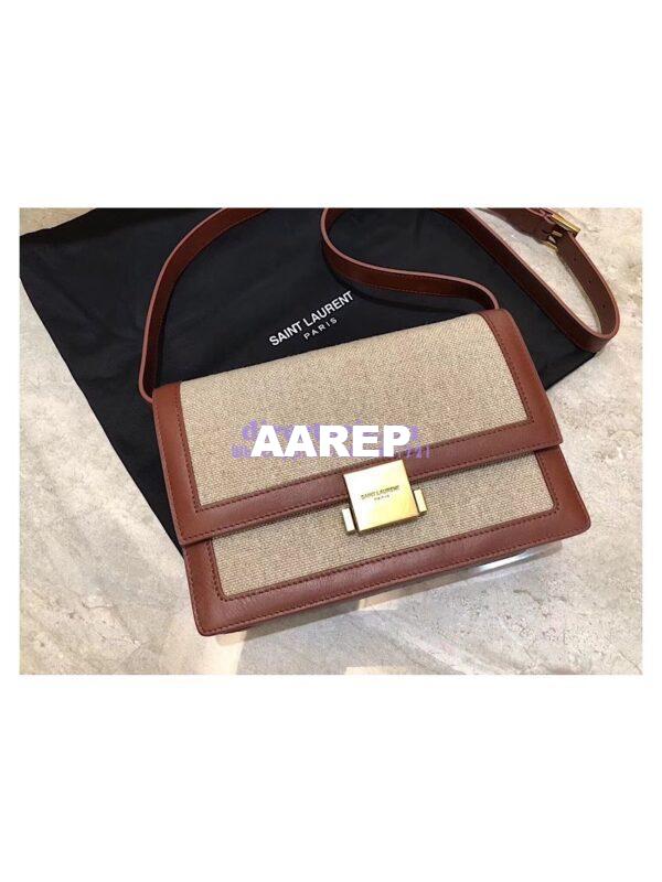 Replica YSL Saint Laurent Medium Bellechasse Satchel In Beige Linen Canvas And Cognac Leather