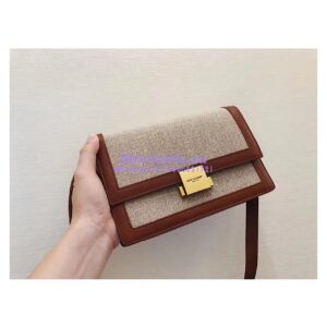 Replica YSL Saint Laurent Medium Bellechasse Satchel In Beige Linen Canvas And Cognac Leather 2