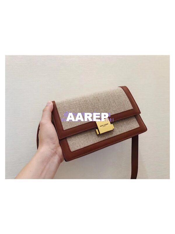 Replica YSL Saint Laurent Medium Bellechasse Satchel In Beige Linen Canvas And Cognac Leather 2