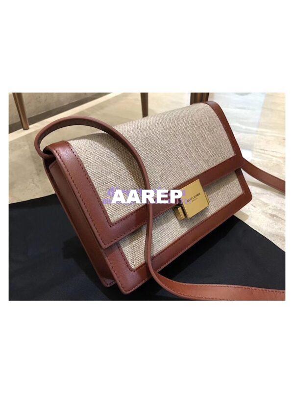 Replica YSL Saint Laurent Medium Bellechasse Satchel In Beige Linen Canvas And Cognac Leather 3