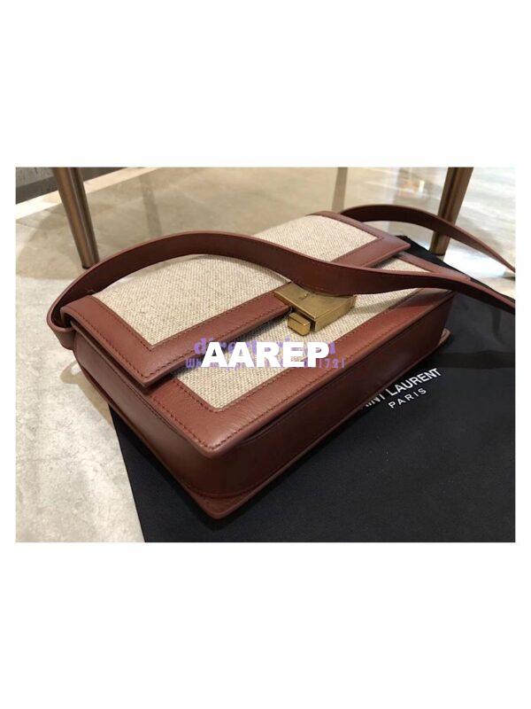 Replica YSL Saint Laurent Medium Bellechasse Satchel In Beige Linen Canvas And Cognac Leather 4