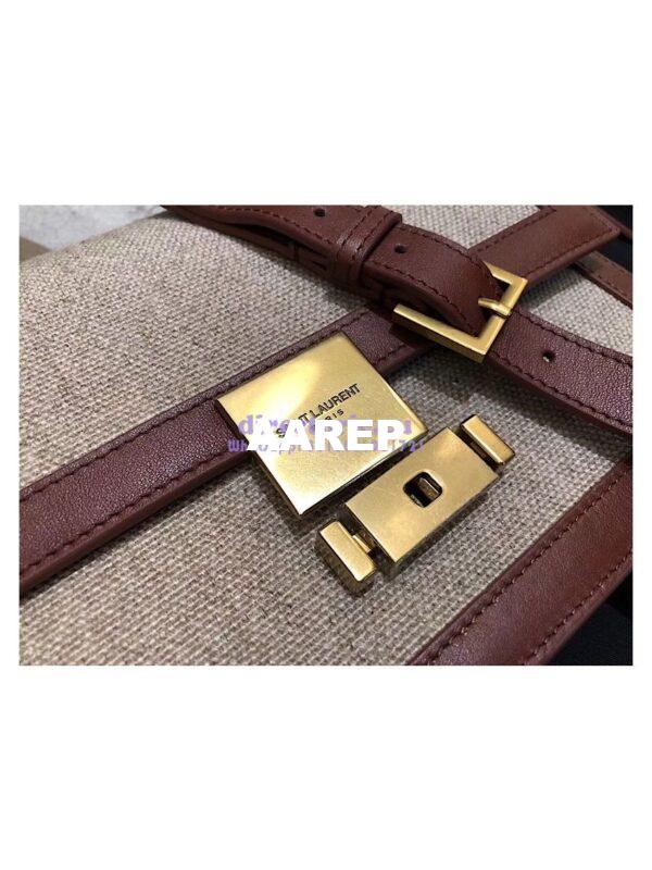 Replica YSL Saint Laurent Medium Bellechasse Satchel In Beige Linen Canvas And Cognac Leather 6
