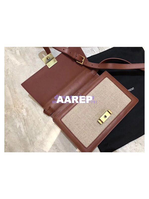 Replica YSL Saint Laurent Medium Bellechasse Satchel In Beige Linen Canvas And Cognac Leather 8
