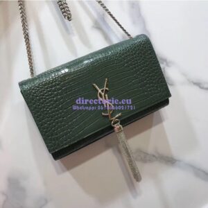 Replica YSL Classic Medium Kate Monogram Saint Laurent Tassel Satchel In Green Crocodile Embossed Shiny Leather 354119 in Silver hardware