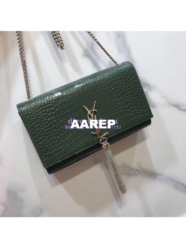 Replica YSL Classic Medium Kate Monogram Saint Laurent Tassel Satchel In Green Crocodile Embossed Shiny Leather 354119 in Silver hardware 3