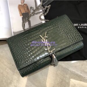 Replica YSL Classic Medium Kate Monogram Saint Laurent Tassel Satchel In Green Crocodile Embossed Shiny Leather 354119 in Silver hardware 2