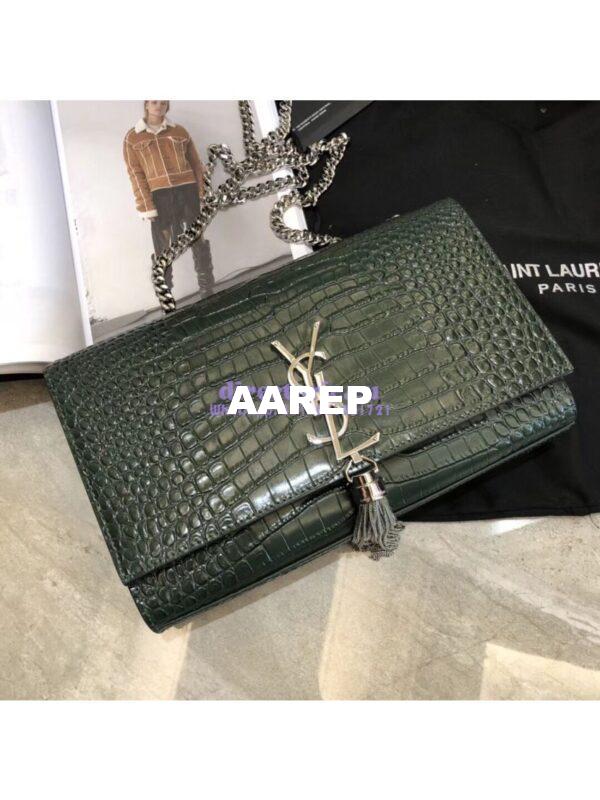 Replica YSL Classic Medium Kate Monogram Saint Laurent Tassel Satchel In Green Crocodile Embossed Shiny Leather 354119 in Silver hardware 4