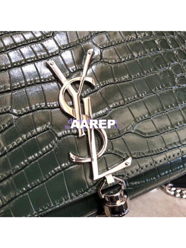 Replica YSL Classic Medium Kate Monogram Saint Laurent Tassel Satchel In Green Crocodile Embossed Shiny Leather 354119 in Silver hardware 8