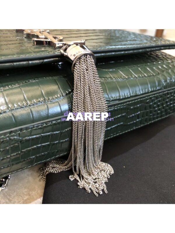 Replica YSL Classic Medium Kate Monogram Saint Laurent Tassel Satchel In Green Crocodile Embossed Shiny Leather 354119 in Silver hardware 10