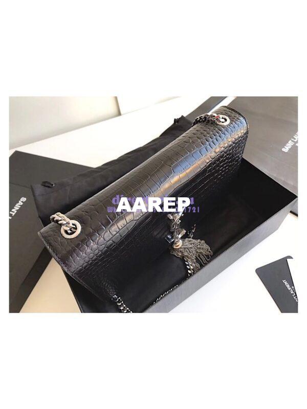 Replica YSL Classic Medium Kate Monogram Saint Laurent Tassel Satchel In Black Crocodile Embossed Shiny Leather 354119 in Silver hardware 2
