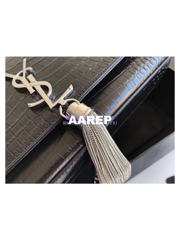 Replica YSL Classic Medium Kate Monogram Saint Laurent Tassel Satchel In Black Crocodile Embossed Shiny Leather 354119 in Silver hardware 3