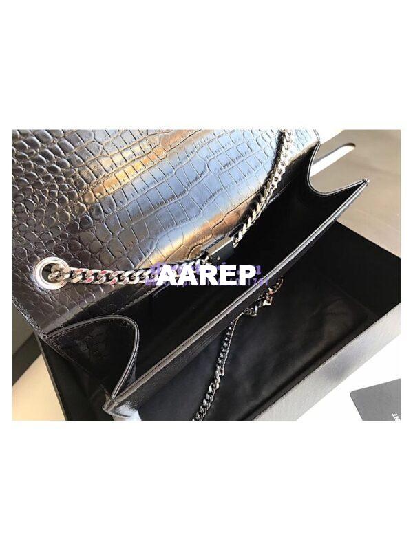Replica YSL Classic Medium Kate Monogram Saint Laurent Tassel Satchel In Black Crocodile Embossed Shiny Leather 354119 in Silver hardware 4
