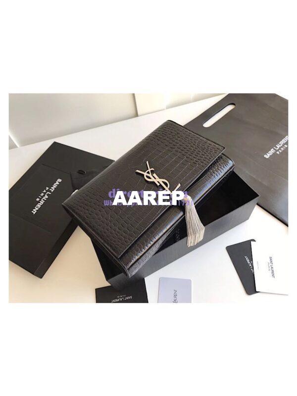 Replica YSL Classic Medium Kate Monogram Saint Laurent Tassel Satchel In Black Crocodile Embossed Shiny Leather 354119 in Silver hardware 8