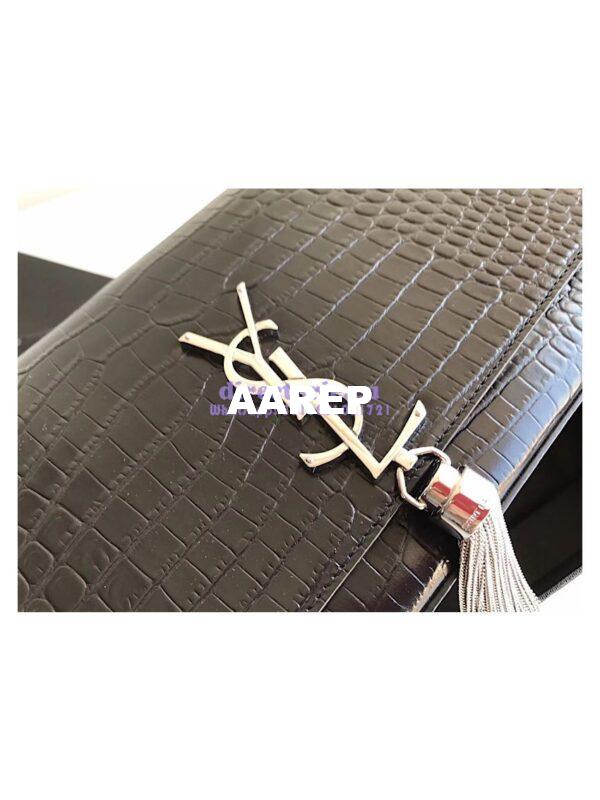 Replica YSL Classic Medium Kate Monogram Saint Laurent Tassel Satchel In Black Crocodile Embossed Shiny Leather 354119 in Silver hardware 9