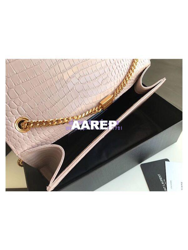 Replica YSL Classic Medium Kate Monogram Saint Laurent Tassel Satchel In Pink Crocodile Embossed Shiny Leather 354119 in gold hardware 5
