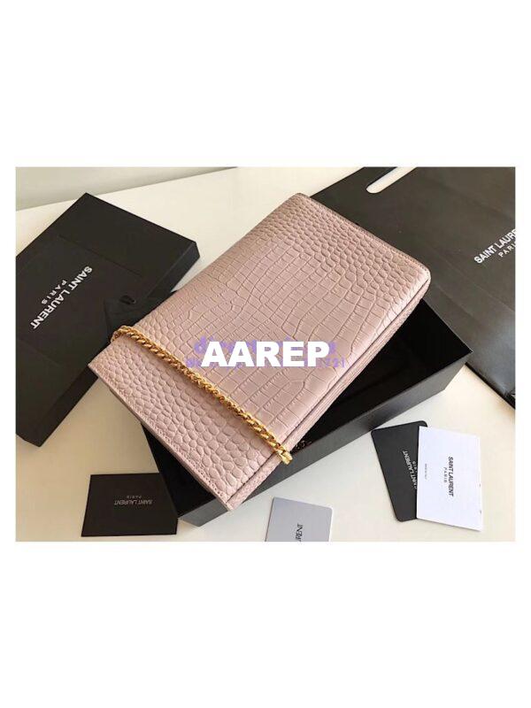 Replica YSL Classic Medium Kate Monogram Saint Laurent Tassel Satchel In Pink Crocodile Embossed Shiny Leather 354119 in gold hardware 6