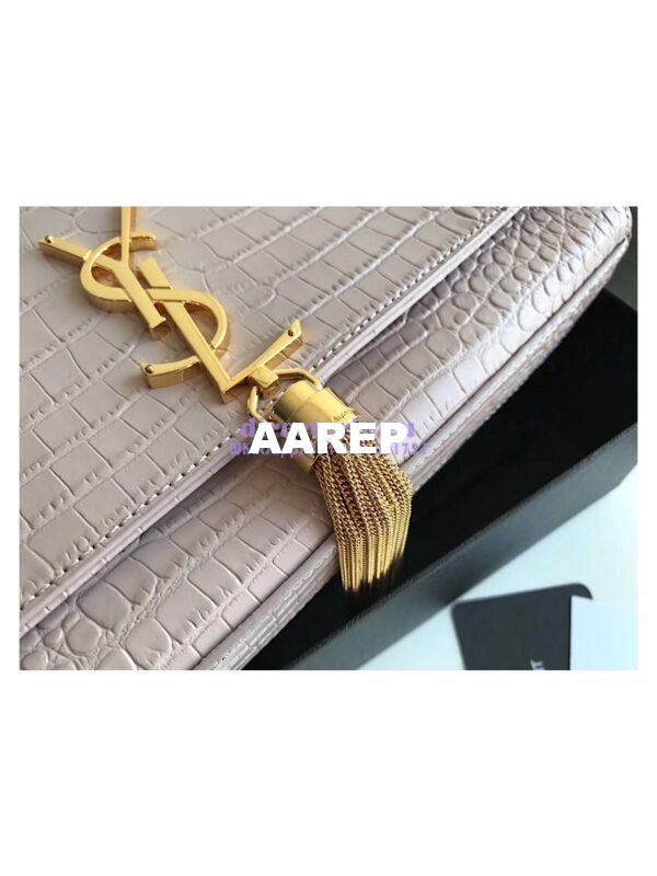Replica YSL Classic Medium Kate Monogram Saint Laurent Tassel Satchel In Pink Crocodile Embossed Shiny Leather 354119 in gold hardware 7