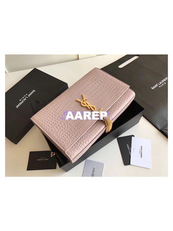 Replica YSL Classic Medium Kate Monogram Saint Laurent Tassel Satchel In Pink Crocodile Embossed Shiny Leather 354119 in gold hardware 9