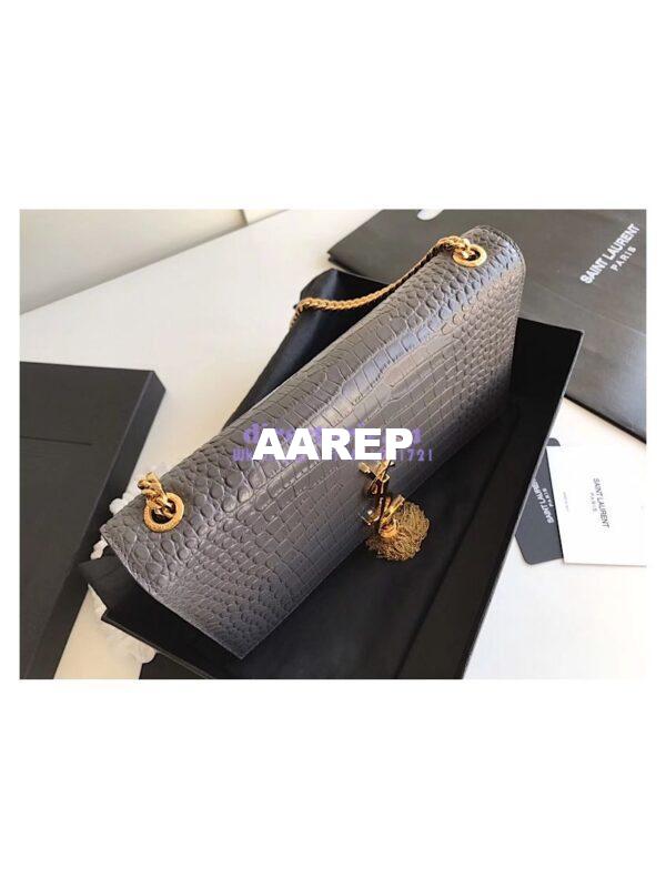 Replica YSL Classic Medium Kate Monogram Saint Laurent Tassel Satchel In Grey Crocodile Embossed Shiny Leather 354119 in gold hardware 4