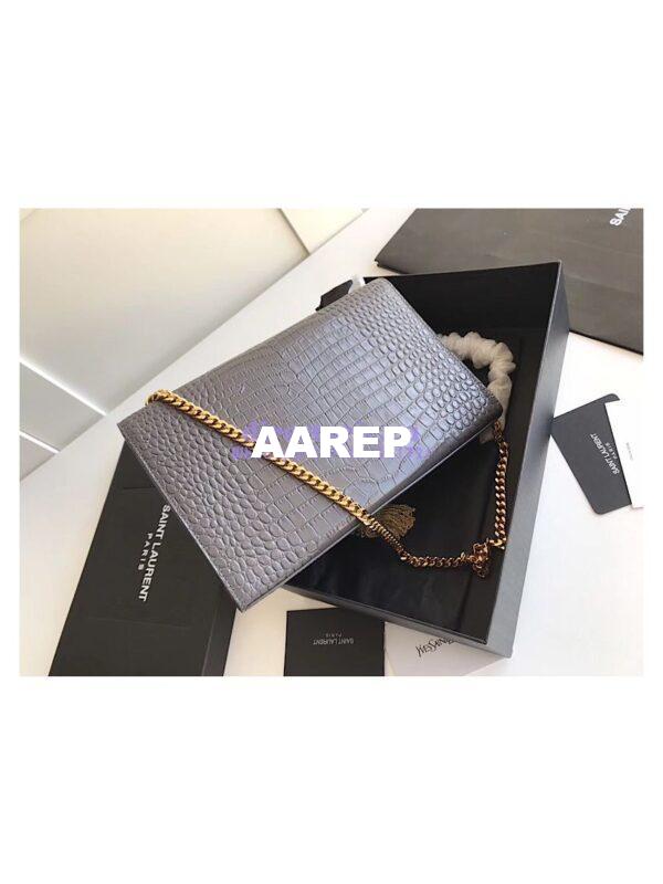 Replica YSL Classic Medium Kate Monogram Saint Laurent Tassel Satchel In Grey Crocodile Embossed Shiny Leather 354119 in gold hardware 5