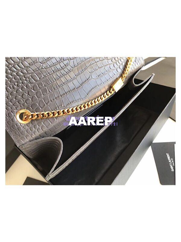 Replica YSL Classic Medium Kate Monogram Saint Laurent Tassel Satchel In Grey Crocodile Embossed Shiny Leather 354119 in gold hardware 6
