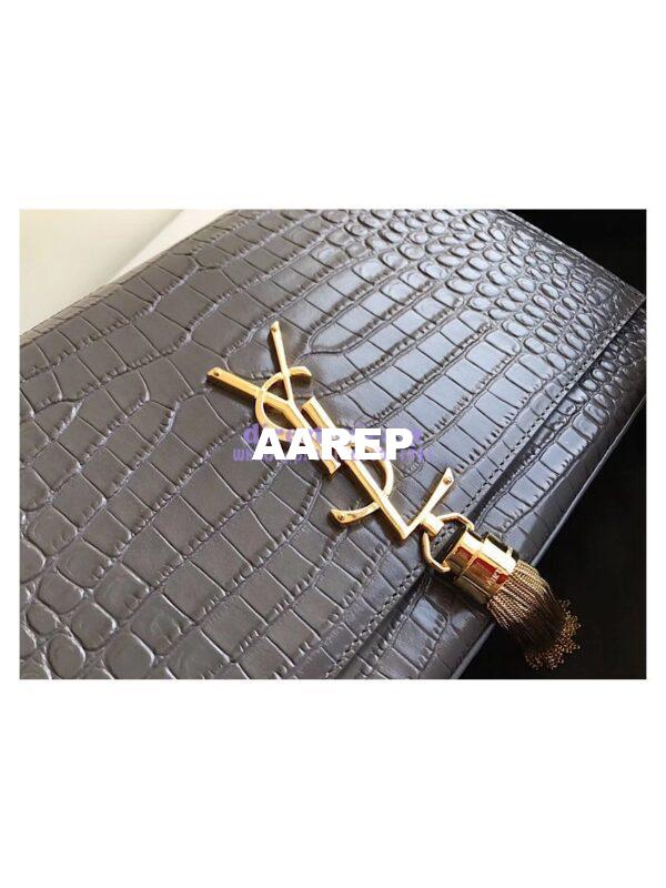Replica YSL Classic Medium Kate Monogram Saint Laurent Tassel Satchel In Grey Crocodile Embossed Shiny Leather 354119 in gold hardware 7
