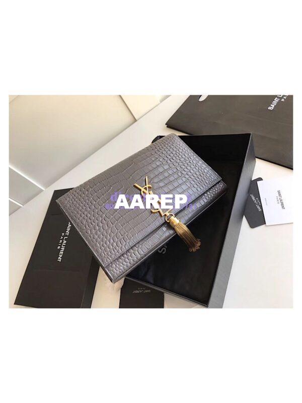 Replica YSL Classic Medium Kate Monogram Saint Laurent Tassel Satchel In Grey Crocodile Embossed Shiny Leather 354119 in gold hardware 10
