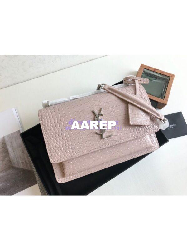 Replica YSL Saint Laurent Medium Sunset Monogram pink crocodile embossed bag