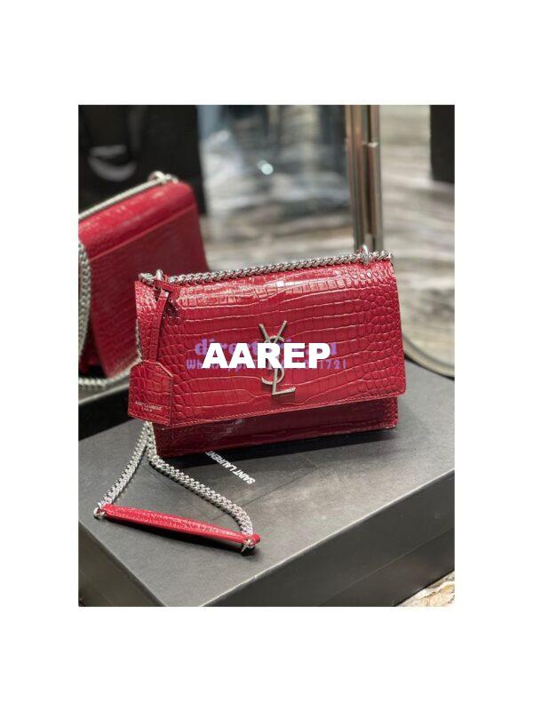 Replica YSL Saint Laurent Medium Sunset Monogram wine red crocodile embossed bag 3