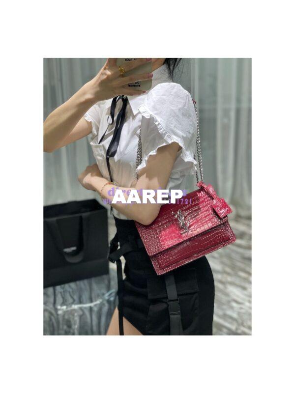 Replica YSL Saint Laurent Medium Sunset Monogram wine red crocodile embossed bag 5