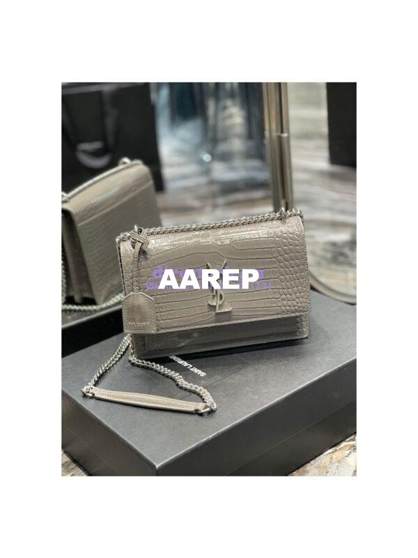 Replica YSL Saint Laurent Medium Sunset Monogram grey crocodile embossed bag