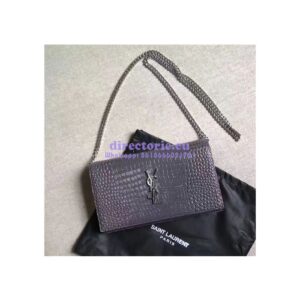 Replica YSL Monogram Saint Laurent Chain Wallet In Grey Crocodile Embossed Shiny Leather 442015