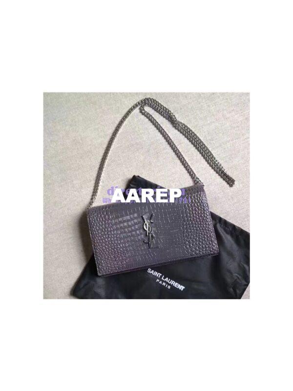 Replica YSL Monogram Saint Laurent Chain Wallet In Grey Crocodile Embossed Shiny Leather 442015 3