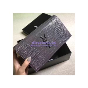 Replica YSL Monogram Saint Laurent Chain Wallet In Grey Crocodile Embossed Shiny Leather 442015 2