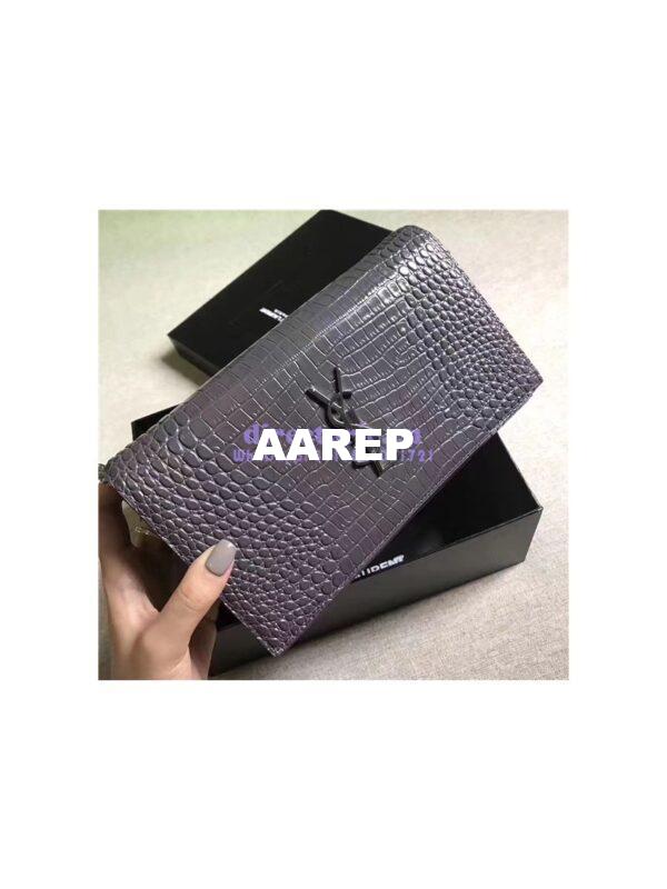 Replica YSL Monogram Saint Laurent Chain Wallet In Grey Crocodile Embossed Shiny Leather 442015 4